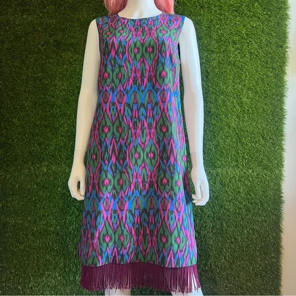 Vintage Missoni Silk Shift Dress Pink Green Blue Fringe Hem - Picture 1 of 7